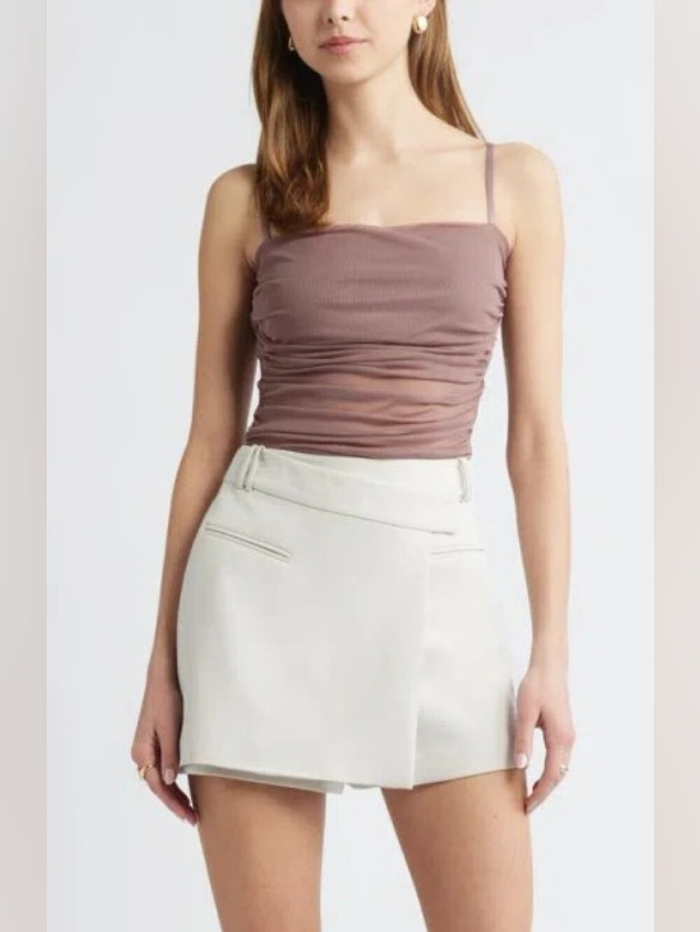 NWT Open Edit Ruched Mesh Camisole In Purple Taupe, Size XS